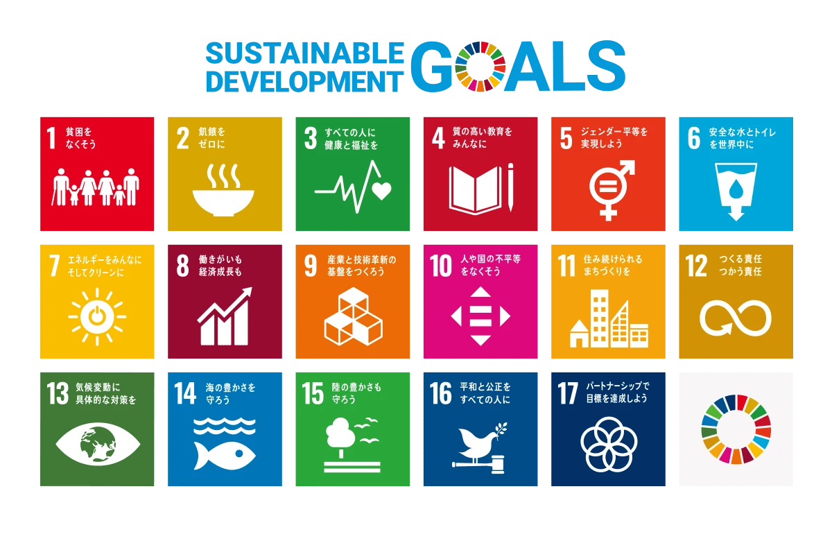 SUSTAINABLE DEVELOPMENT GOALS：1貧困をなくそう、2飢餓をゼロに、3すべての人に健康と福祉を、4質の高い教育をみんなに、5ジェンダー平等を実現しよう、安全な水とトイレを世界中に、7エネルギーをみんなにそしてクリーンに、8働きがいも経済成長も、9産業と技術革新の基盤をつくろう、10人や国の不平等をなくそう、11住み続けられるまちづくりを、12つくる責任つかう責任、13気候変動に具体的な対策を、14海の豊かさを守ろう、15陸の豊かさも守ろう、16平和と公正をすべての人に、17パートナーシップで目標を達成しよう