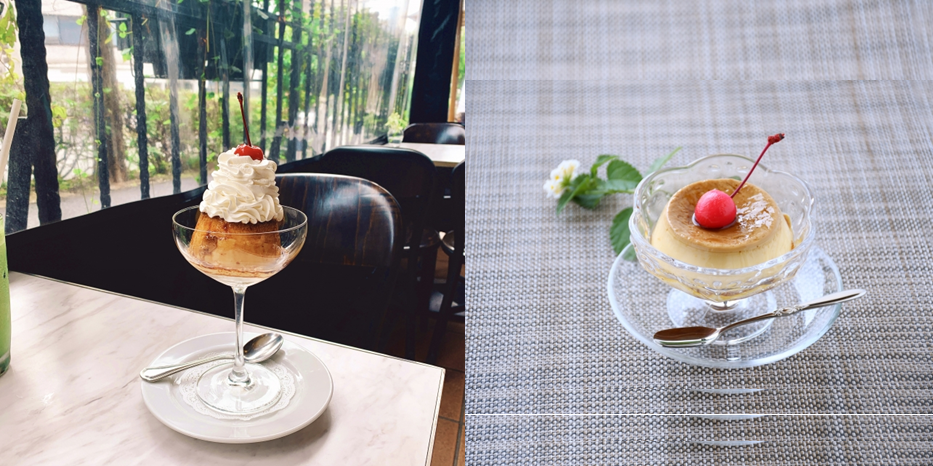 two different pictures of cafe style pudding