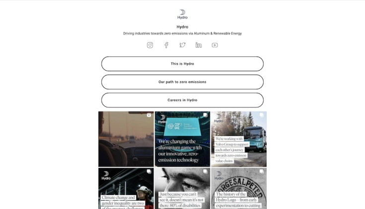 Norsk Hydro公式Instagramでのリンクインバイオ活用例