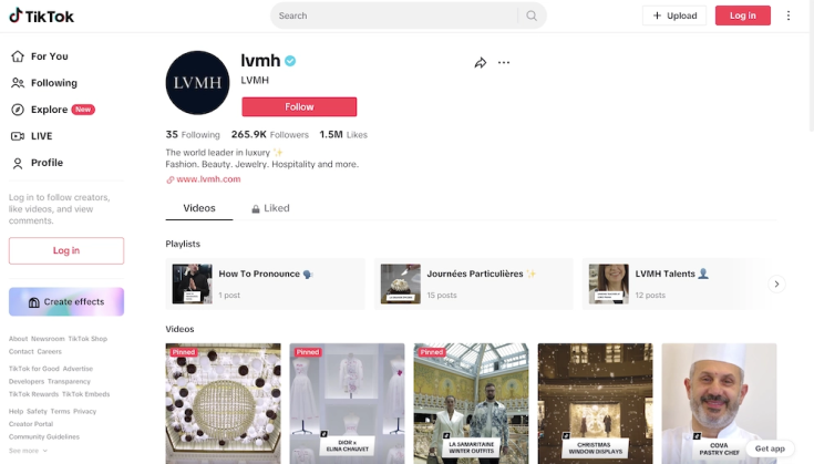 LVMH'の公式TikTokアカウントのトップ