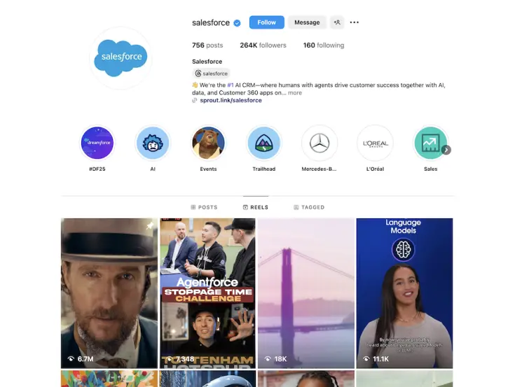 @salesforce offers a people-first approach to Instagram, with vibrant employee imagery 
@salesforce は、生き生きとした従業員の写真など、人を中心としたアプローチでInstagramを展開しています