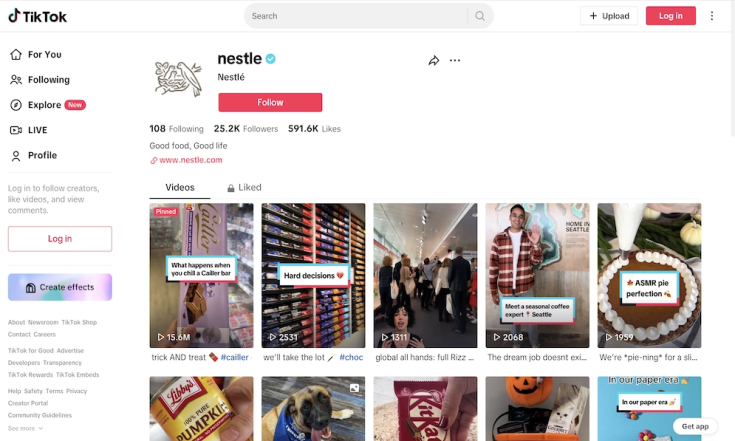 Nestlé'の公式TikTokアカウントのトップ
