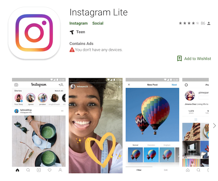 Instagramのライト(軽量)版アプリの紹介画面