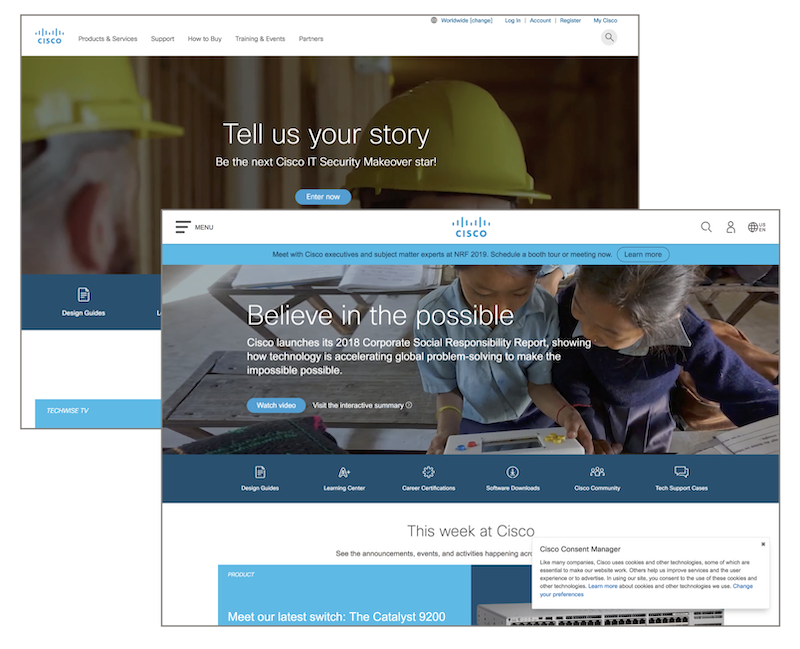 Cisco Systemsの.comサイト、トップページの新旧比較(奥が旧デザイン、手前が新デザイン)