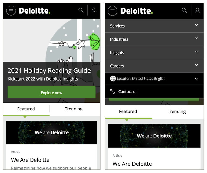 Deloitteのモバイルサイト(左)でメニューを開いた状態(右)。メニューを開かないと、地球儀のアイコンは目視できない