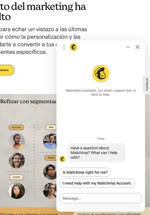 Mailchimpのサイトのアシスタントアプリ(オンラインチャット)