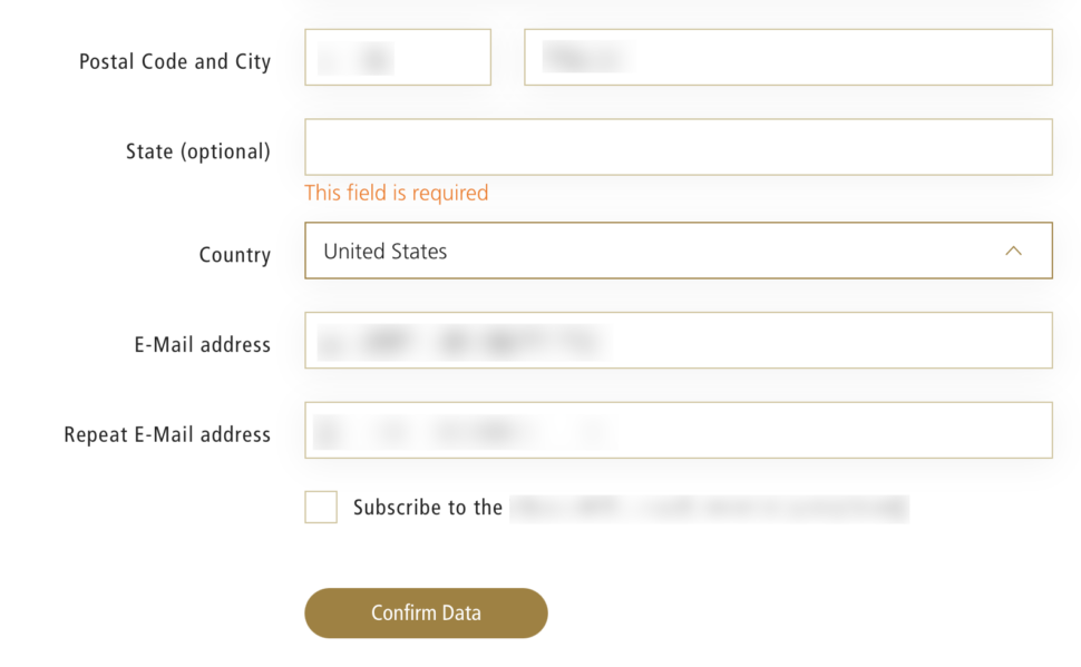 入力フォームのスクリーンショット。ラベルに「州(任意)」とある入力項目において、「この項目は必須です」というエラー文言が表示されている
