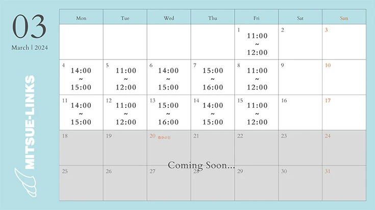 2025年度の会社説明会の日程(3/1~3/15分)。3/1 11:00~12:00、3/4 14:00~15:00、3/5 11:00~12:00、3/6 14:00~15:00、3/7 15:00~16:00、3/8 11:00~12:00、3/11 14:00~15:00、3/12 11:00~12:00、3/13 15:00~16:00、3/14 14:00~15:00、3/15 11:00~12:00