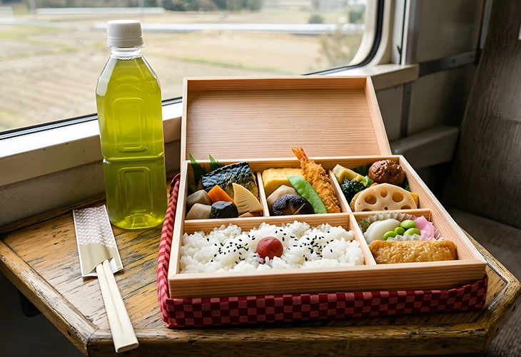 電車内のテーブルに置かれた駅弁とお茶