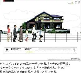 セキスイハイムの商品を一望できるバーチャル展示場。キャラクターをマウスや矢印キーで操作することで、好きな商品を直感的に見つけることができる。
